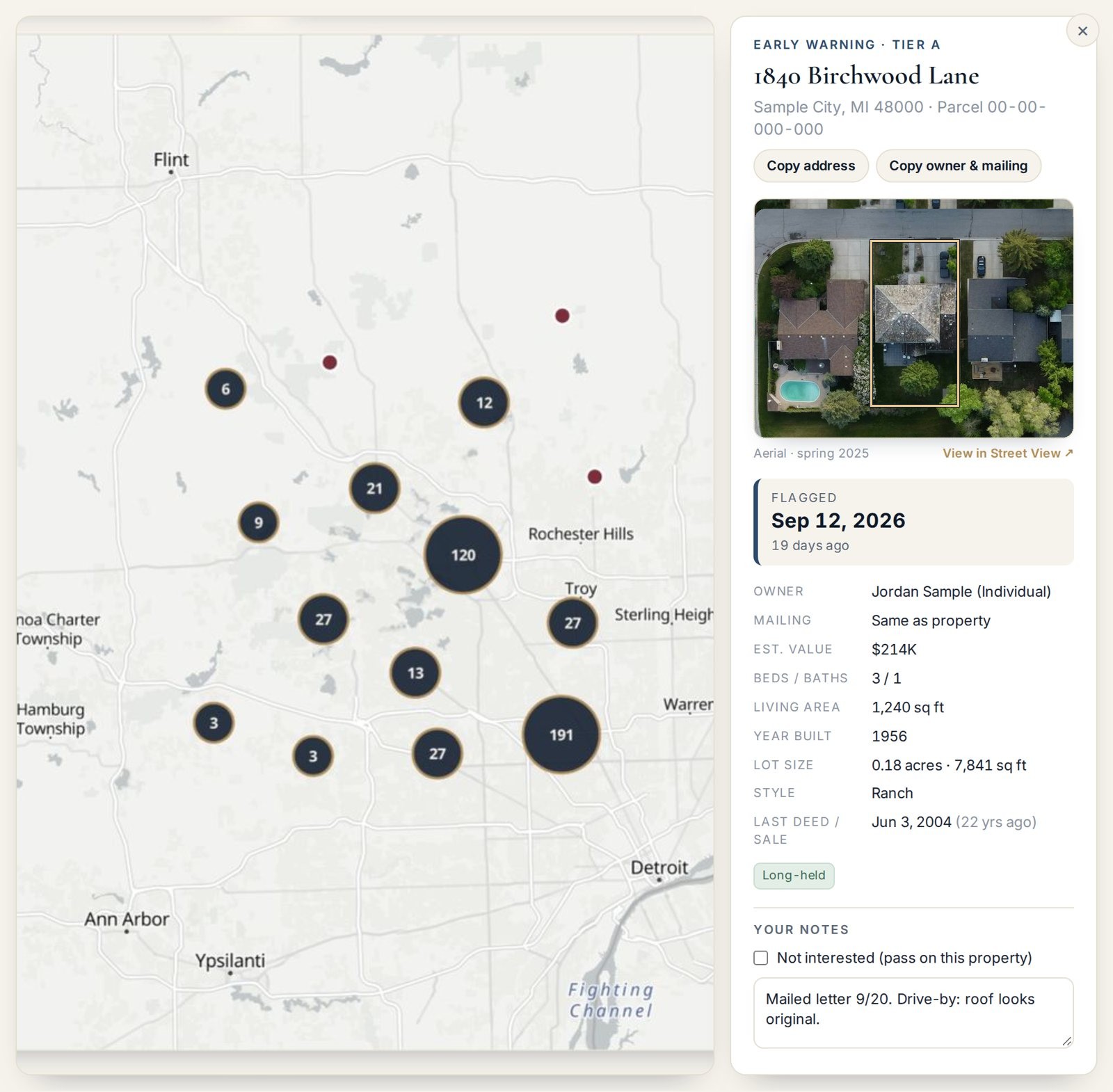 The Prelist app: a map of lead pins and a property detail panel with aerial photo, property facts and notes